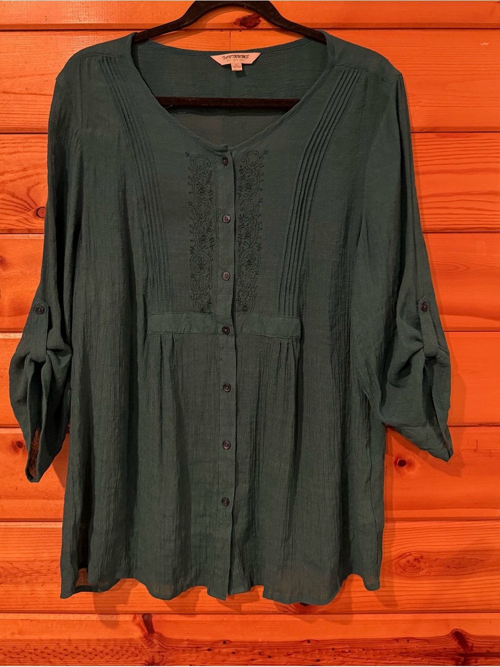 Tantrums Dark Green Button-Front Peasant Top with Pintuck & Embroidery